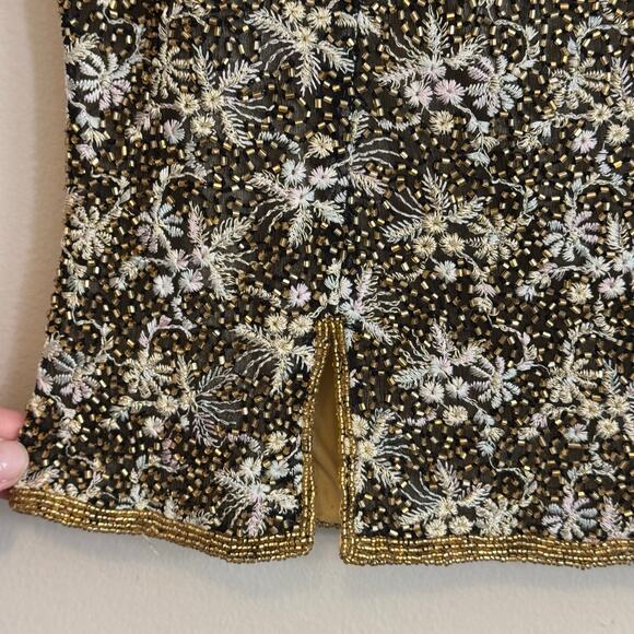 Vintage Adrianna Pappell Tank Top Womens 10 Gold Silk Floral Embroidered Beaded - Picture 4 of 7